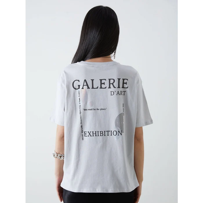 LCW Vision Gri Bisiklet Yaka Baskılı Oversize Kadın Tişört