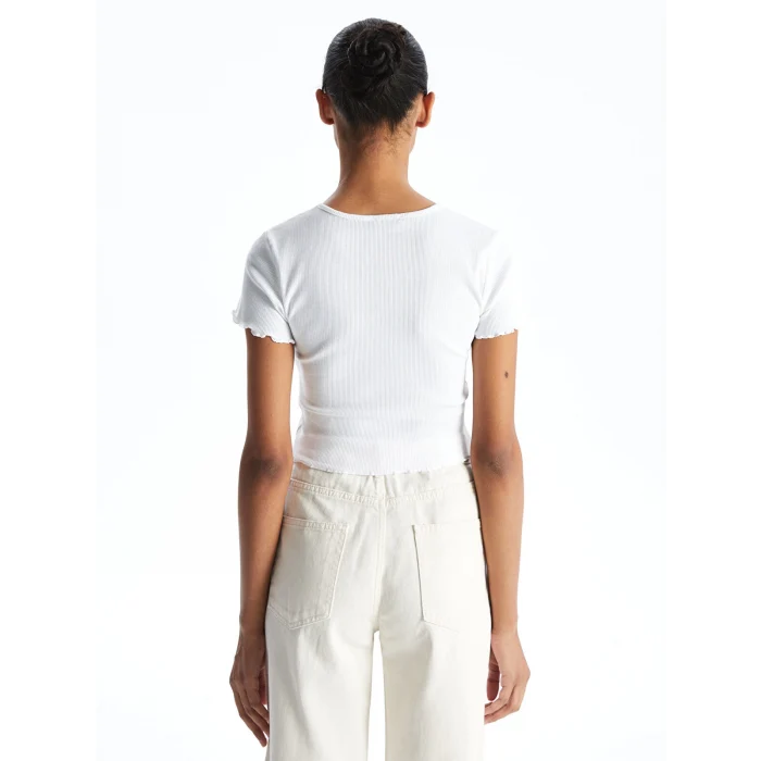 XSIDE Beyaz Bisiklet Yaka Ananas Nakışlı Kadın Tişört