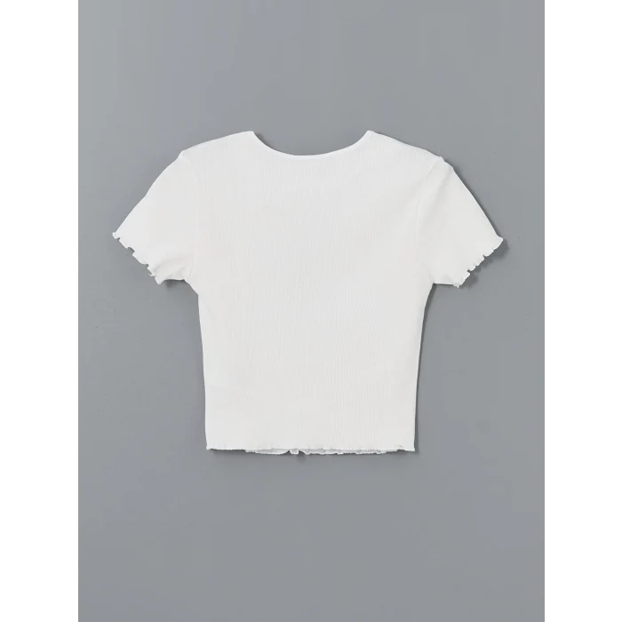 XSIDE Beyaz Bisiklet Yaka Ananas Nakışlı Kadın Tişört