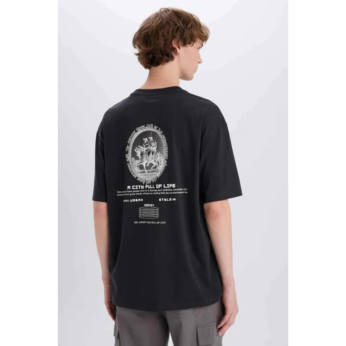 Defacto E4544 Antrasit %100 Pamuk Boxy Fit Bisiklet Yaka Sırt Baskılı Kısa Kollu Tişört