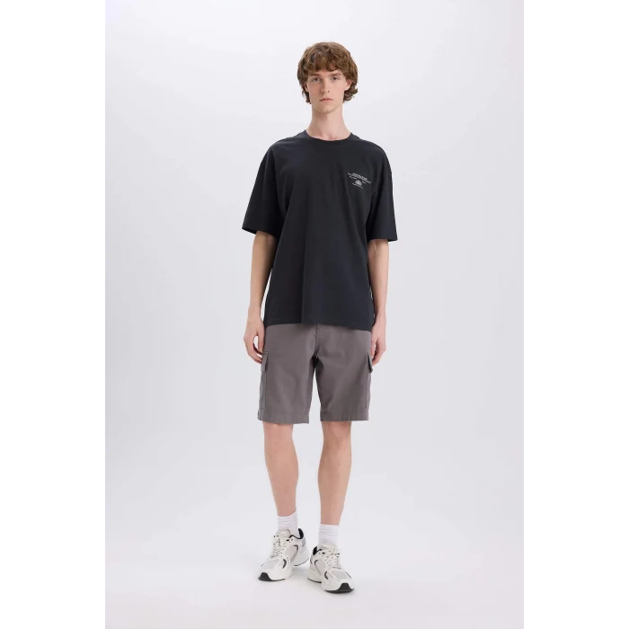 Defacto E4544 Antrasit %100 Pamuk Boxy Fit Bisiklet Yaka Sırt Baskılı Kısa Kollu Tişört