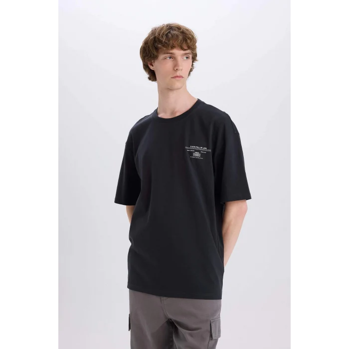 Defacto E4544 Antrasit %100 Pamuk Boxy Fit Bisiklet Yaka Sırt Baskılı Kısa Kollu Tişört