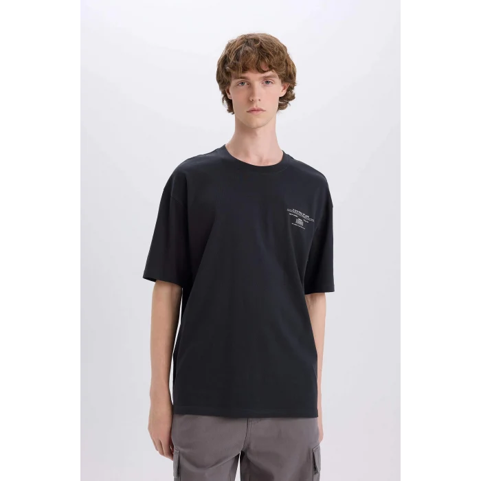 Defacto E4544 Antrasit %100 Pamuk Boxy Fit Bisiklet Yaka Sırt Baskılı Kısa Kollu Tişört