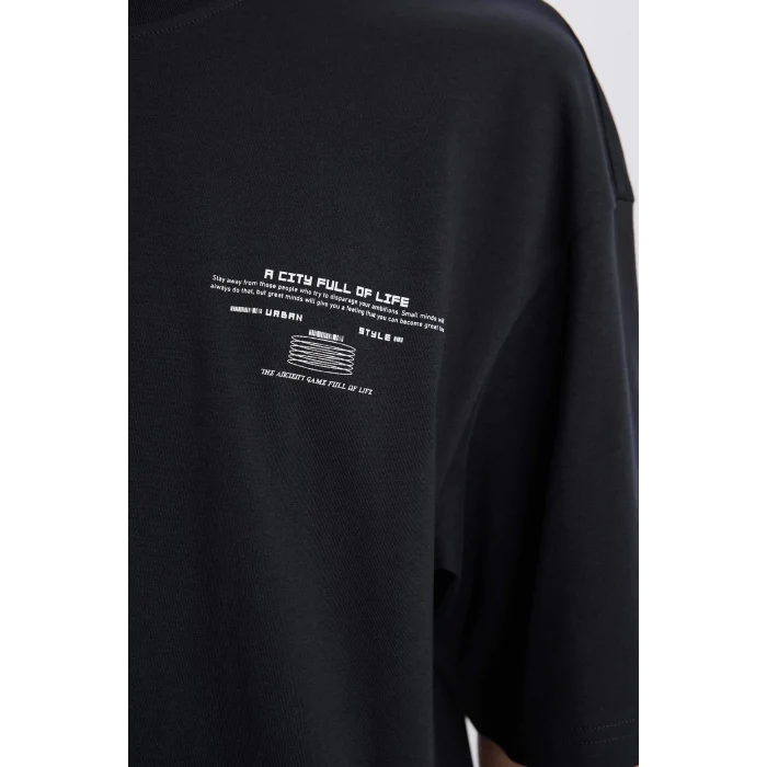 Defacto E4544 Antrasit %100 Pamuk Boxy Fit Bisiklet Yaka Sırt Baskılı Kısa Kollu Tişört