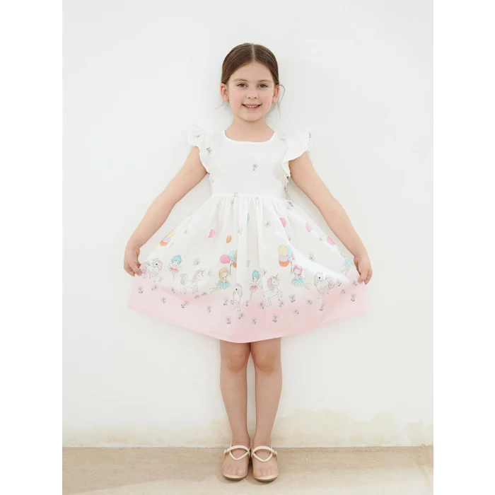 LCW Kids Ekru Bisiklet Yaka Poplin Kız Çocuk Elbise