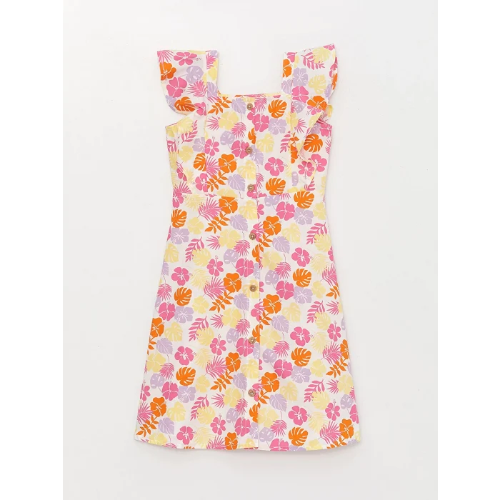 LCW Kids Karişik Kare Yaka Desenli Kız Çocuk Elbise