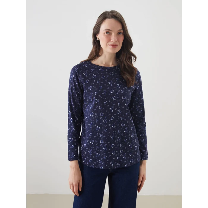LCW Grace Lacivert Bisiklet Yaka Çiçekli Kadın Bluz