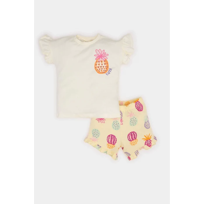 Defacto E6453 Ekru Kız Bebek 2li Takım Baskılı Kısa Kollu Tişört Desenli Şort