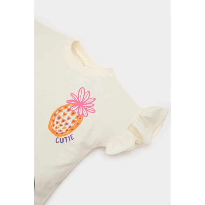 Defacto E6453 Ekru Kız Bebek 2li Takım Baskılı Kısa Kollu Tişört Desenli Şort