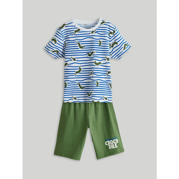 LCW Kids Beyaz Dinozor Baskılı Erkek Çocuk Şortlu Pijama Takımı