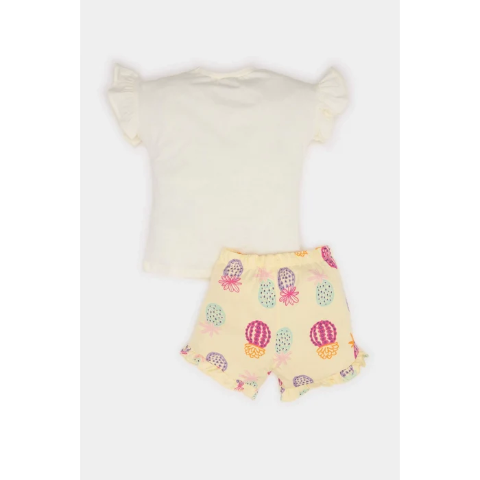 Defacto E6453 Ekru Kız Bebek 2li Takım Baskılı Kısa Kollu Tişört Desenli Şort