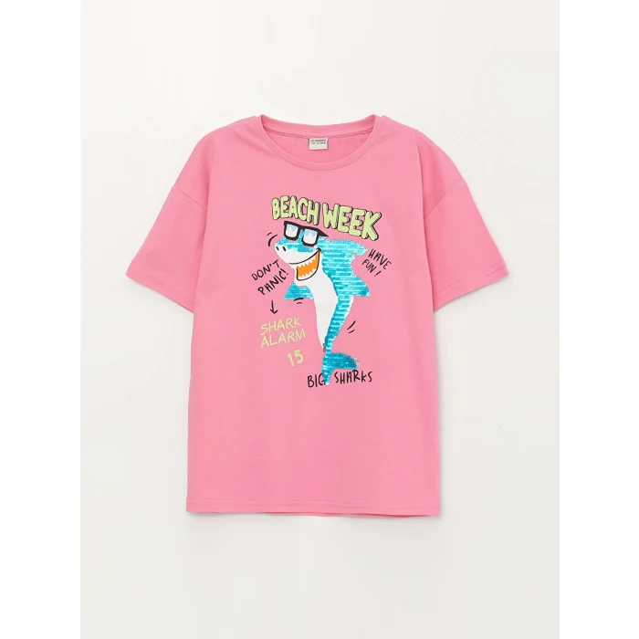 LCW Kids Pembe Rahat Kalııp Bisiklet Yaka Çift Yönlü Payetli Erkek Çocuk Tişört