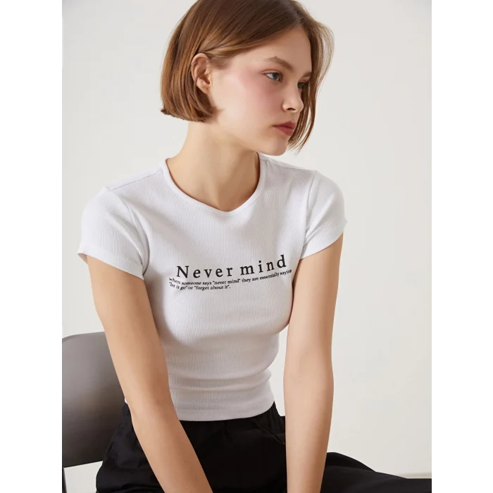 XSIDE Beyaz Bisiklet Yaka Baskılı Kadın Tişört