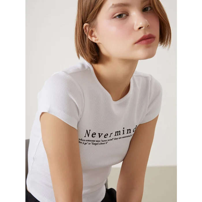 XSIDE Beyaz Bisiklet Yaka Baskılı Kadın Tişört