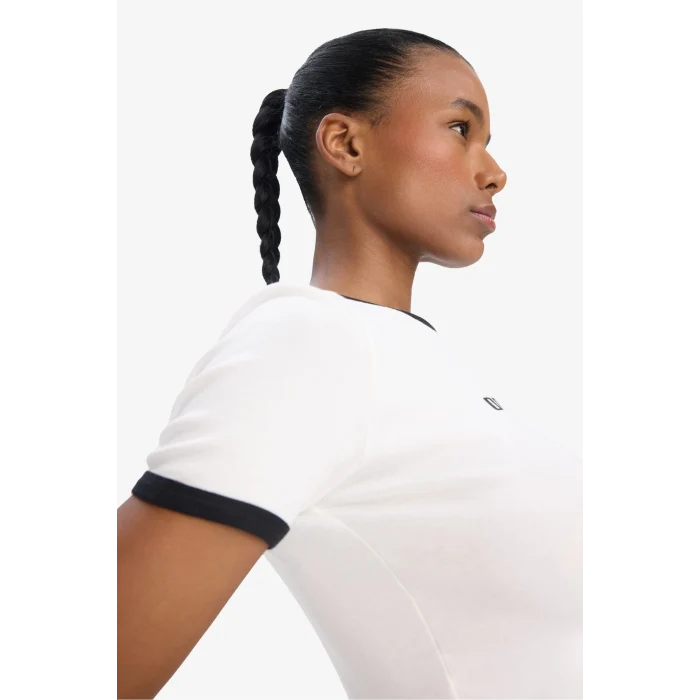 Defacto E4796 Ekru DeFactoFit Slim Fit Dar Kesim Bisiklet Yaka Baskılı Sporcu Ribana Kısa Kollu Tişört