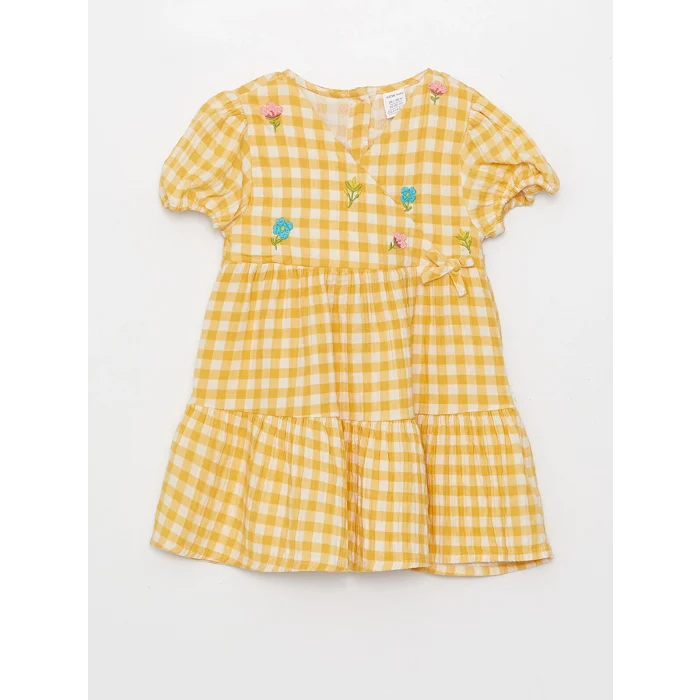 LCW baby Sari Kruvaze Yaka Kısa Kollu Desenli Kız Bebek Elbise