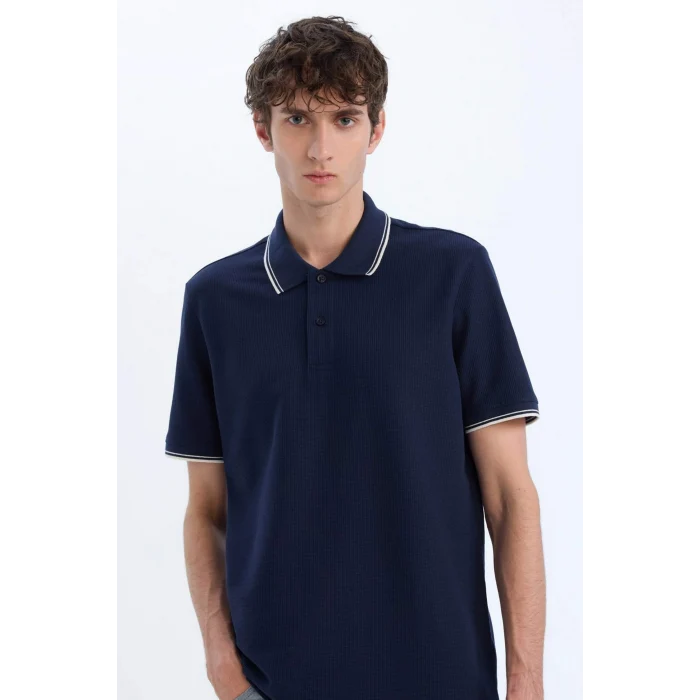 Defacto D7932 Lacivert Regular Fit Polo Yaka Kısa Kollu Waffle Polo Tişört