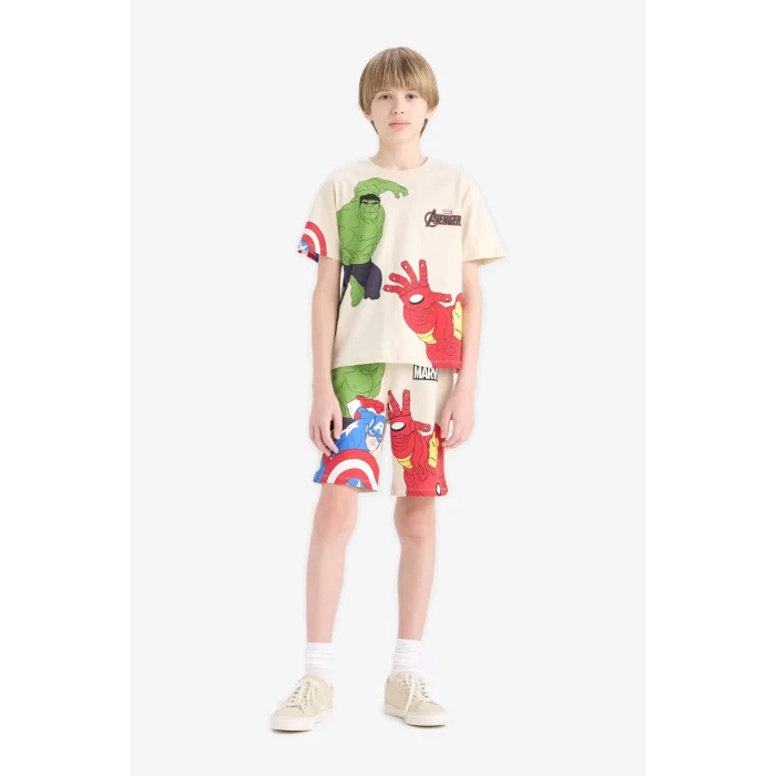 Defacto E0346 Bej Erkek Çocuk Marvel Avengers 2li Takım Kısa Kollu Tişört Şort