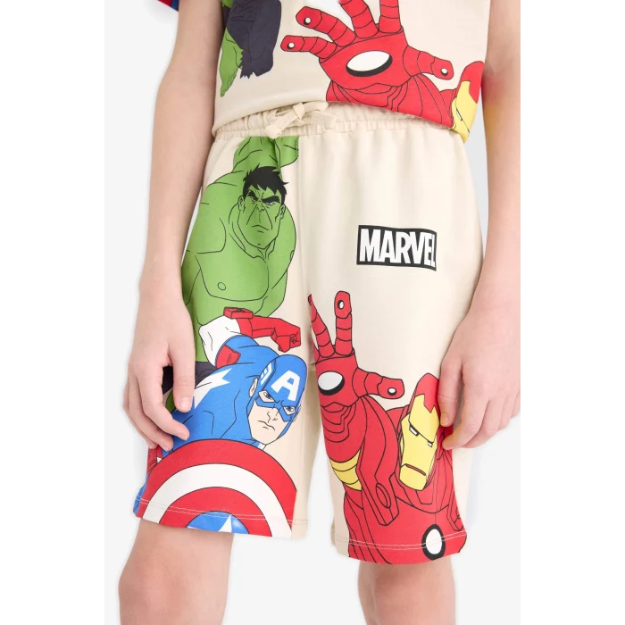 Defacto E0346 Bej Erkek Çocuk Marvel Avengers 2li Takım Kısa Kollu Tişört Şort