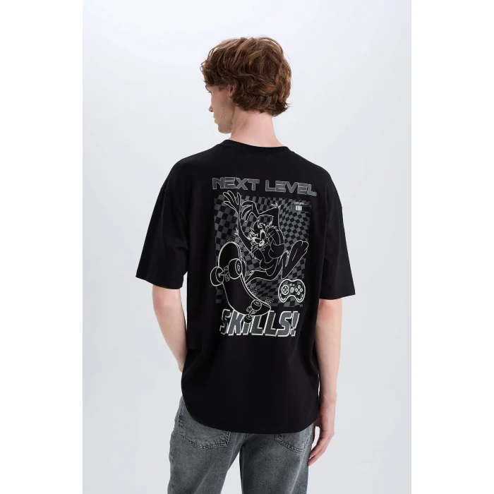 Defacto D6773 Siyah %100 Pamuk Looney Tunes Boxy Fit Bisiklet Yaka Sırt Baskılı Kısa Kollu Tişört