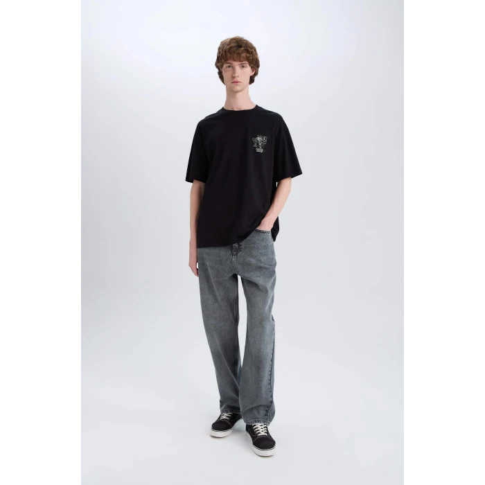 Defacto D6773 Siyah %100 Pamuk Looney Tunes Boxy Fit Bisiklet Yaka Sırt Baskılı Kısa Kollu Tişört