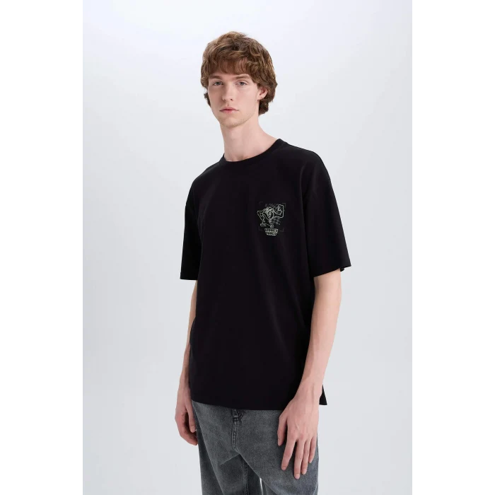Defacto D6773 Siyah %100 Pamuk Looney Tunes Boxy Fit Bisiklet Yaka Sırt Baskılı Kısa Kollu Tişört