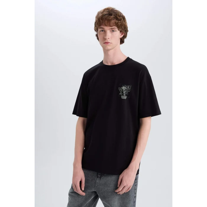 Defacto D6773 Siyah %100 Pamuk Looney Tunes Boxy Fit Bisiklet Yaka Sırt Baskılı Kısa Kollu Tişört