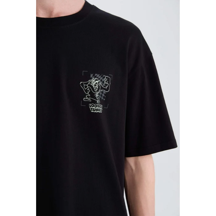 Defacto D6773 Siyah %100 Pamuk Looney Tunes Boxy Fit Bisiklet Yaka Sırt Baskılı Kısa Kollu Tişört