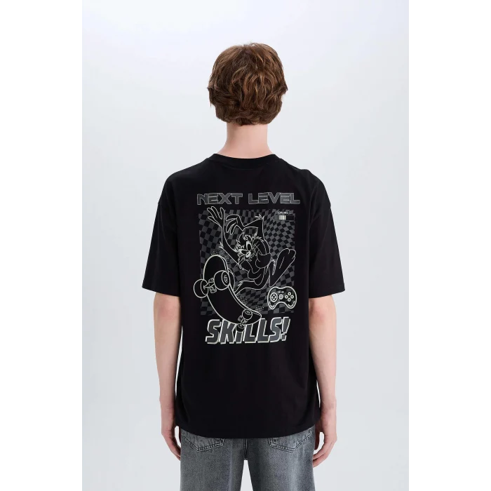 Defacto D6773 Siyah %100 Pamuk Looney Tunes Boxy Fit Bisiklet Yaka Sırt Baskılı Kısa Kollu Tişört