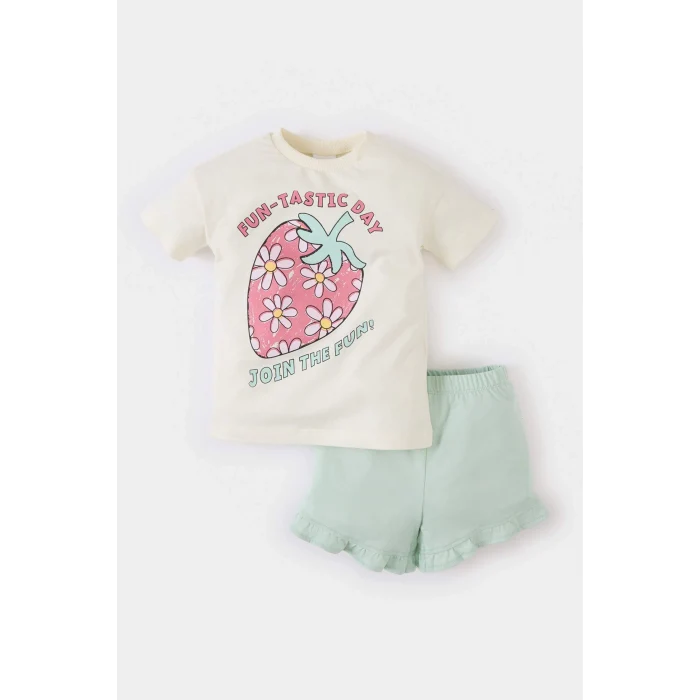 Defacto E0722 Yeşil Kız Bebek 2li Takım Baskılı Kısa Kollu Tişört Beli Lastikli Şort