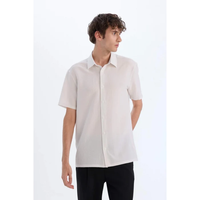 Defacto E1223 Beyaz Regular Fit Krinkıl Yazlık Kısa Kollu Beyaz Gömlek
