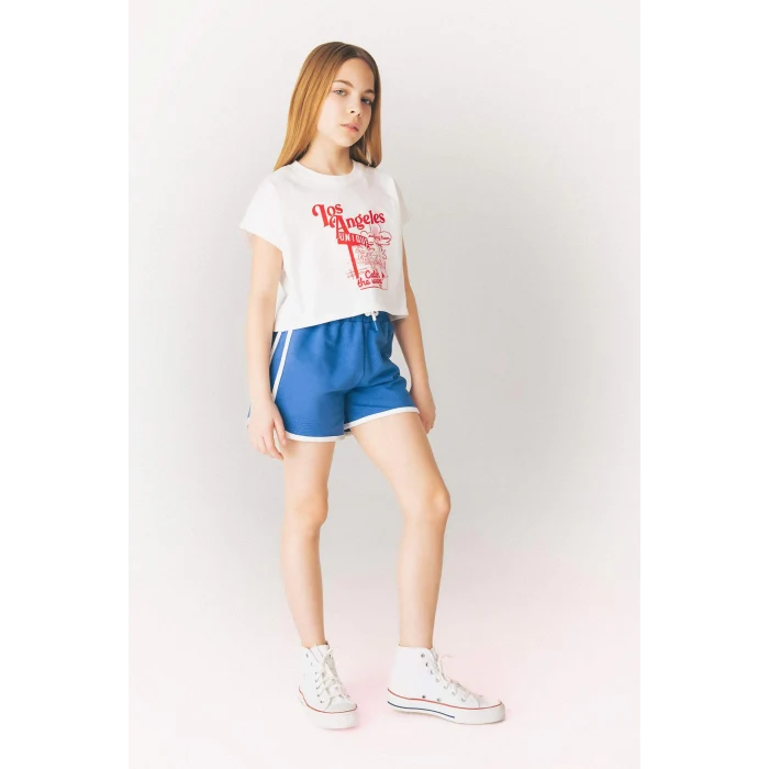 Defacto E3818 Ekru Kız Çocuk 2li Takım Baskılı Kısa Kollu Tişört Beli Lastikli Şort