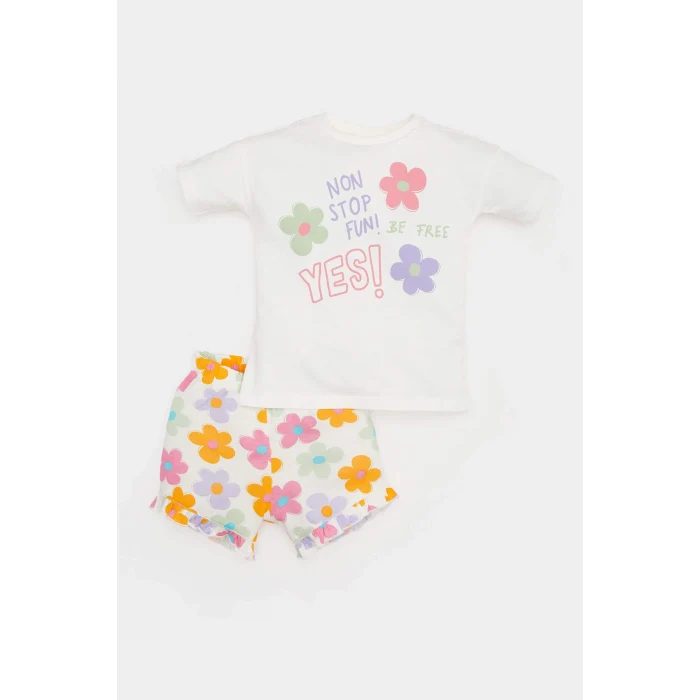 Defacto E0684 Ekru Kız Bebek 2li Takım Baskılı Kısa Kollu Tişört Çiçekli Şort