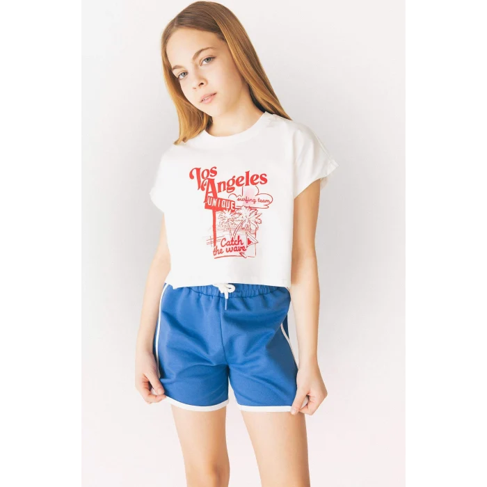 Defacto E3818 Ekru Kız Çocuk 2li Takım Baskılı Kısa Kollu Tişört Beli Lastikli Şort