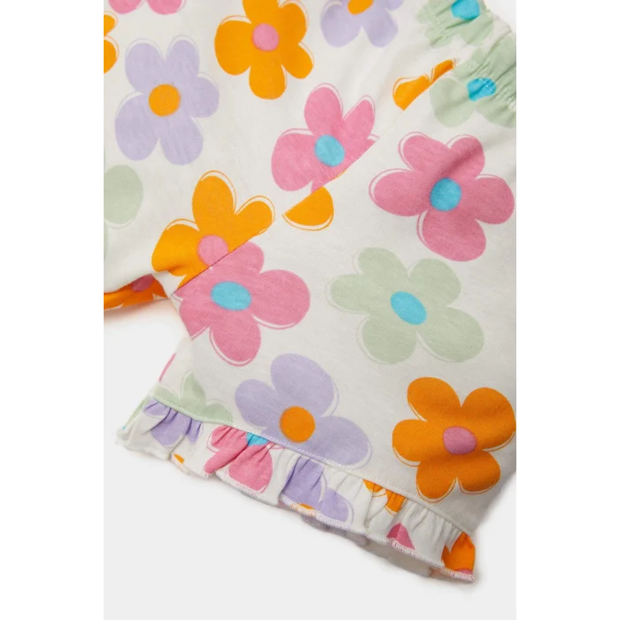 Defacto E0684 Ekru Kız Bebek 2li Takım Baskılı Kısa Kollu Tişört Çiçekli Şort