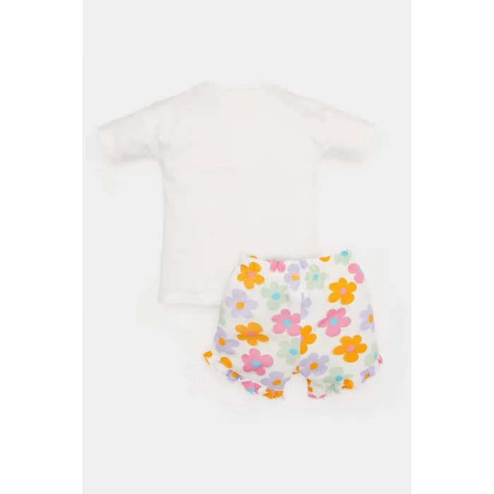 Defacto E0684 Ekru Kız Bebek 2li Takım Baskılı Kısa Kollu Tişört Çiçekli Şort