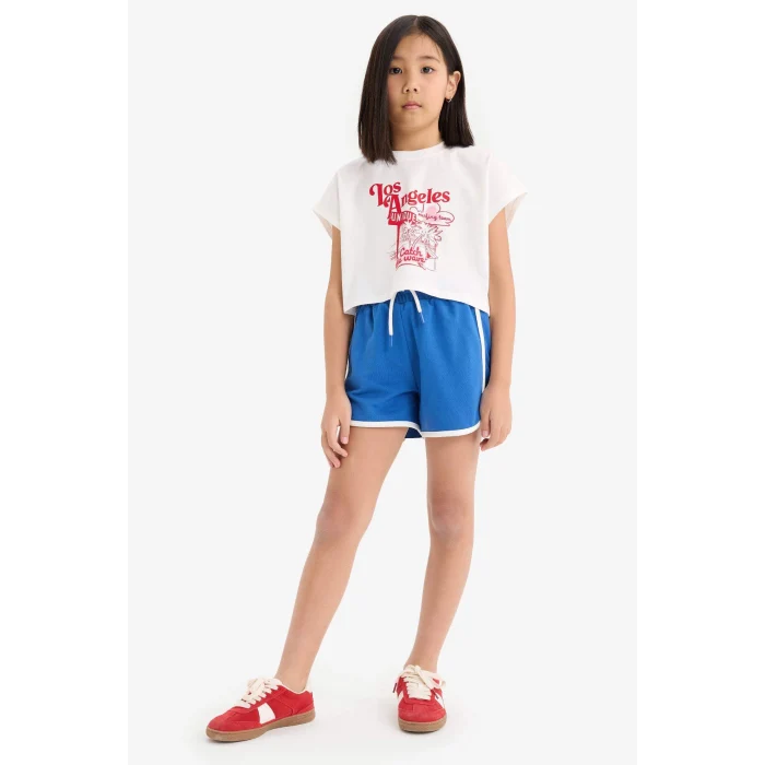 Defacto E3818 Ekru Kız Çocuk 2li Takım Baskılı Kısa Kollu Tişört Beli Lastikli Şort