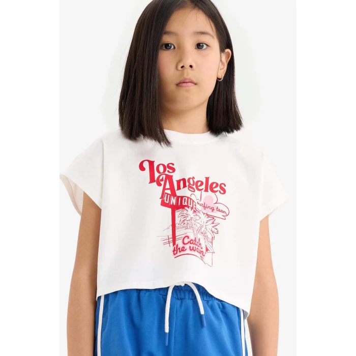 Defacto E3818 Ekru Kız Çocuk 2li Takım Baskılı Kısa Kollu Tişört Beli Lastikli Şort