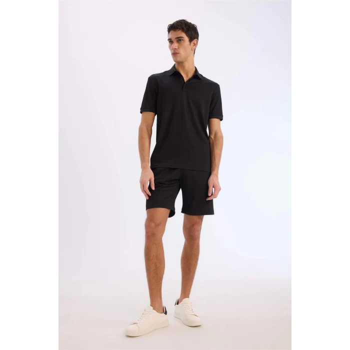 Defacto E1222 Siyah Slim Fit Dar Kesim Dokulu Kısa Kollu Krinkıl Siyah Polo Tişört