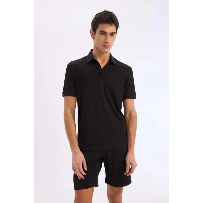 Defacto E1222 Siyah Slim Fit Dar Kesim Dokulu Kısa Kollu Krinkıl Siyah Polo Tişört