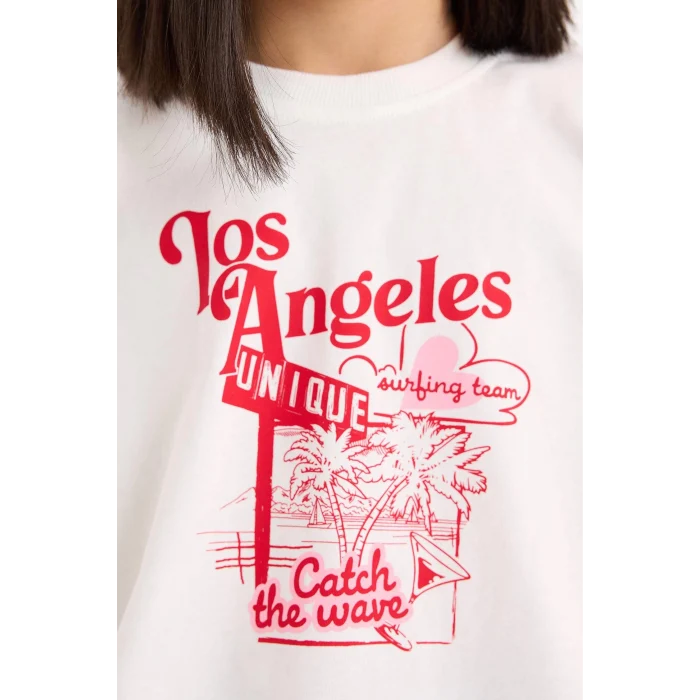 Defacto E3818 Ekru Kız Çocuk 2li Takım Baskılı Kısa Kollu Tişört Beli Lastikli Şort