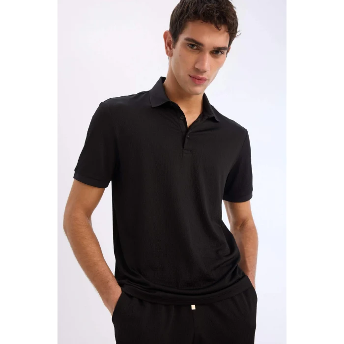 Defacto E1222 Siyah Slim Fit Dar Kesim Dokulu Kısa Kollu Krinkıl Siyah Polo Tişört