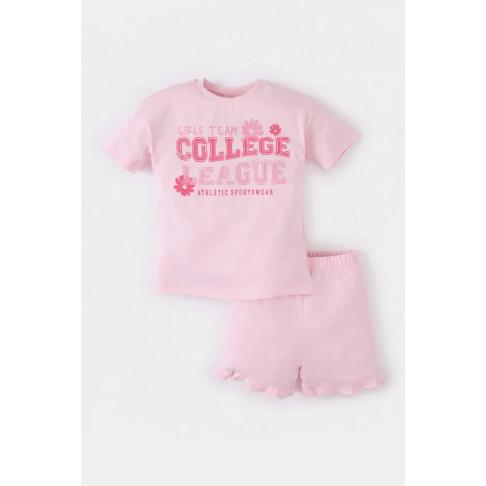Defacto E0722 Pembe Kız Bebek 2li Takım Baskılı Kısa Kollu Tişört Beli Lastikli Şort