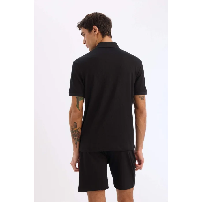 Defacto E1222 Siyah Slim Fit Dar Kesim Dokulu Kısa Kollu Krinkıl Siyah Polo Tişört