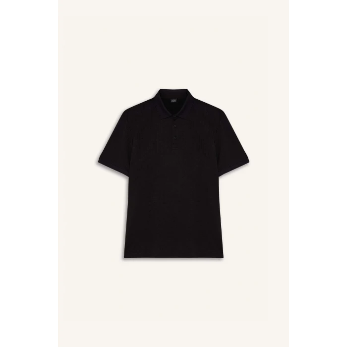 Defacto E1222 Siyah Slim Fit Dar Kesim Dokulu Kısa Kollu Krinkıl Siyah Polo Tişört