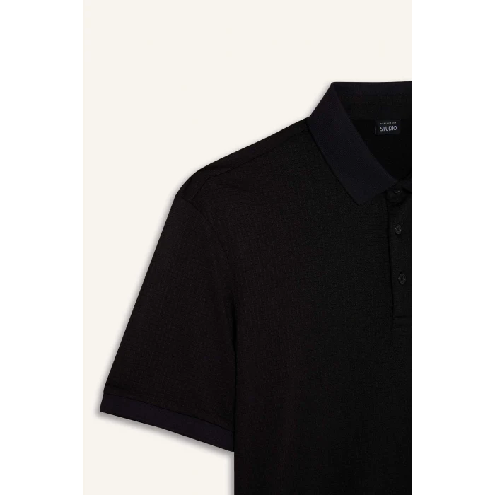 Defacto E1222 Siyah Slim Fit Dar Kesim Dokulu Kısa Kollu Krinkıl Siyah Polo Tişört