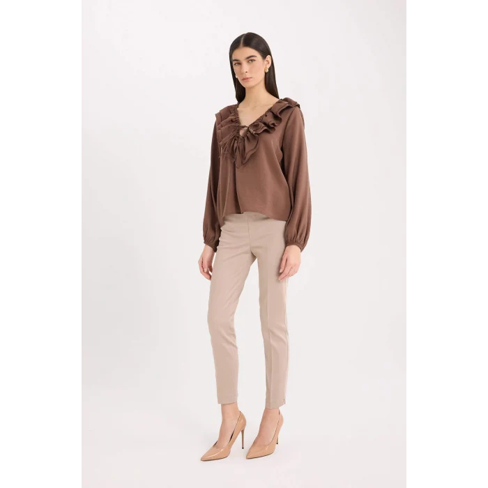 Defacto J8743 Kahve Sigaret Normal Bel Düz Paça Saten Pantolon