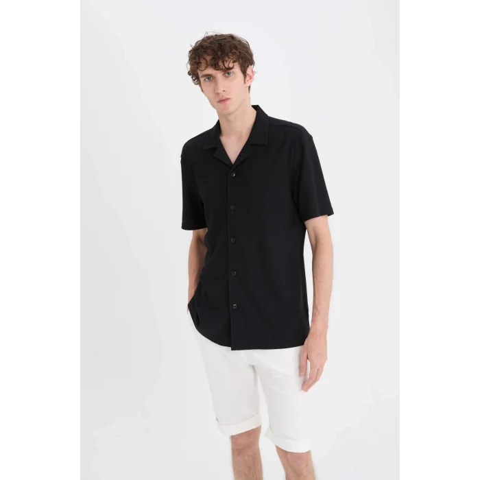 Defacto C4125 Siyah Modern Fit Polo Yaka Dokulu Penye Kısa Kollu Siyah Gömlek