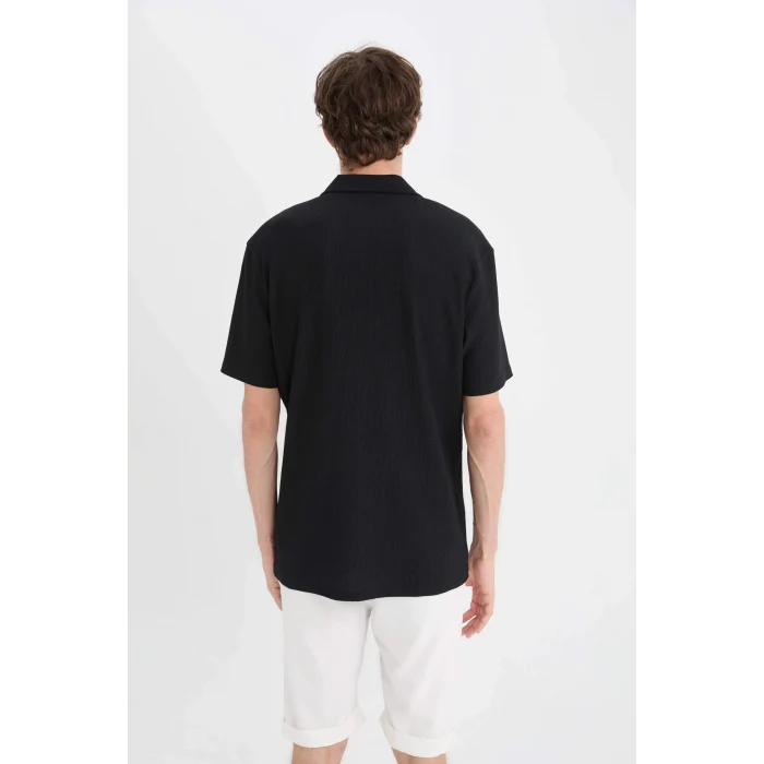Defacto C4125 Siyah Modern Fit Polo Yaka Dokulu Penye Kısa Kollu Siyah Gömlek