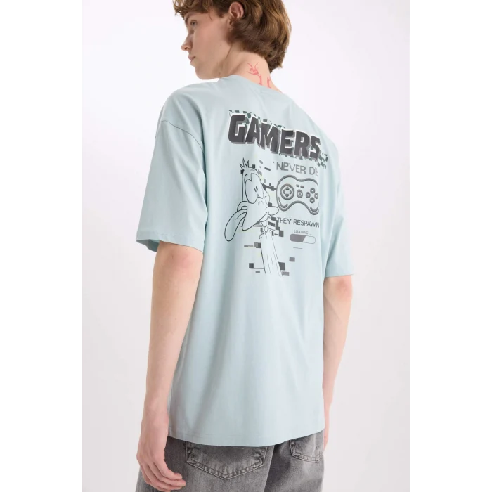 Defacto D6774 Mavi %100 Pamuk Looney Tunes Boxy Fit Bisiklet Yaka Baskılı Kısa Kollu Tişört
